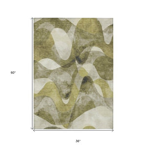 Homeroots 5' X 8' Abstract Washable Non-skid Area Rug For Indoor & Outdoor Spaces - Stain Resistant Design Olive Polyester 561609