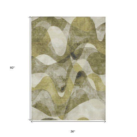 Homeroots 5' X 8' Abstract Washable Non-skid Area Rug For Indoor & Outdoor Spaces - Stain Resistant Design Olive Polyester 561609