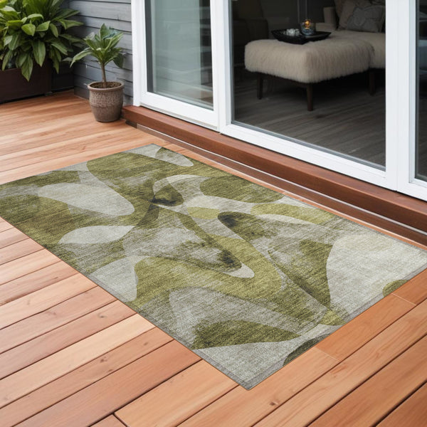 Homeroots 5' X 8' Abstract Washable Non-skid Area Rug For Indoor & Outdoor Spaces - Stain Resistant Design Olive Polyester 561609