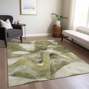 Homeroots 5' X 8' Abstract Washable Non-skid Area Rug For Indoor & Outdoor Spaces - Stain Resistant Design Olive Polyester 561609