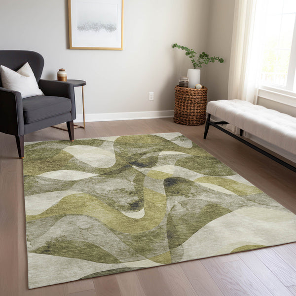 Homeroots 8' X 10' Olive Green Abstract Washable Non Skid Indoor Outdoor Area Rug Olive Polyester 561612