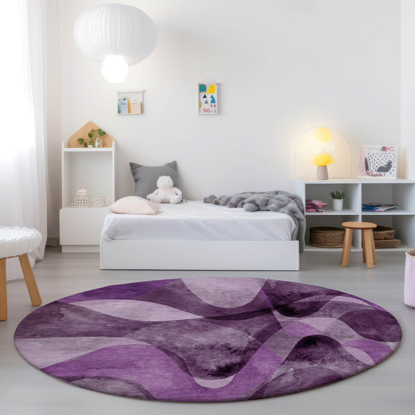 Homeroots 8' X 8' Purple Round Abstract Washable Non Skid Indoor Outdoor Area Rug Purple Polyester 561620