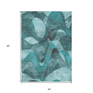 Homeroots 5' X 8' Teal Abstract Washable Non Skid Indoor Outdoor Area Rug Teal Polyester 561628