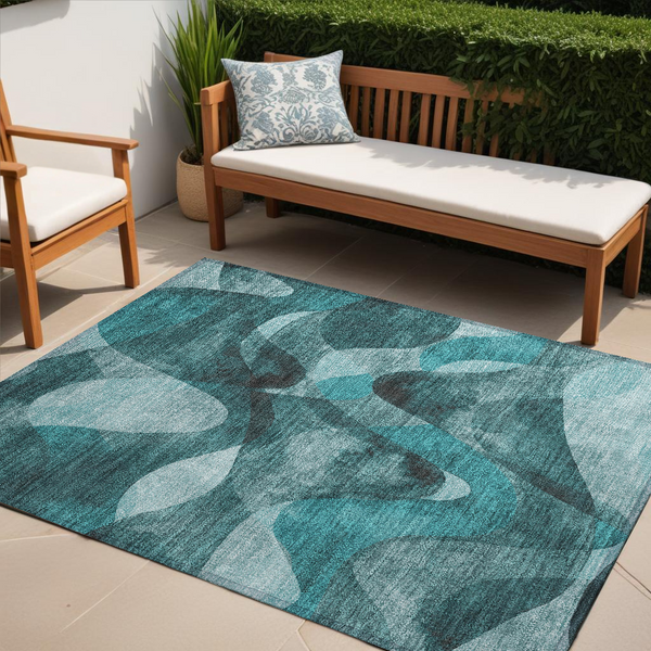 Homeroots 5' X 8' Teal Abstract Washable Non Skid Indoor Outdoor Area Rug Teal Polyester 561628