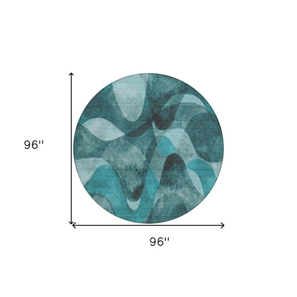Homeroots 8' Round Teal Round Abstract Washable Non Skid Indoor Outdoor Area Rug Teal Polyester 561629