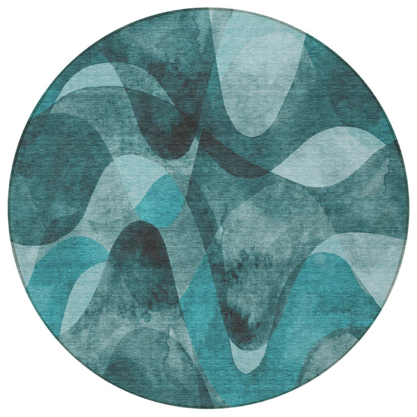 Homeroots 8' Round Teal Round Abstract Washable Non Skid Indoor Outdoor Area Rug Teal Polyester 561629