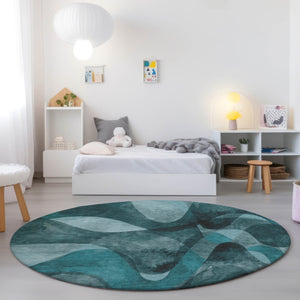 Homeroots 8' Round Teal Round Abstract Washable Non Skid Indoor Outdoor Area Rug Teal Polyester 561629