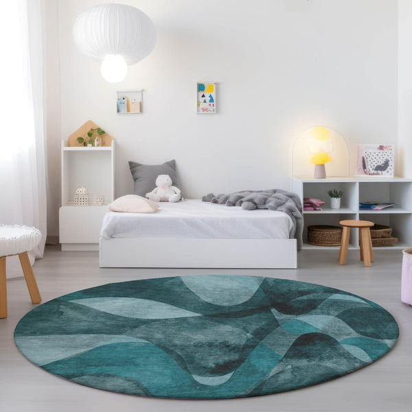 Homeroots 8' Round Teal Round Abstract Washable Non Skid Indoor Outdoor Area Rug Teal Polyester 561629
