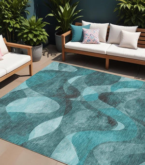 Homeroots 5' X 8' Abstract Washable Non-skid Area Rug For Indoor & Outdoor Spaces - Stain Resistant Design Teal Polyester 561631