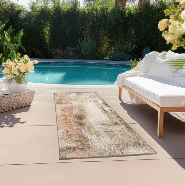 Homeroots 2' X 8' Beige And Brown Washable Non Skid Indoor Outdoor Runner Rug Beige Polyester 561634