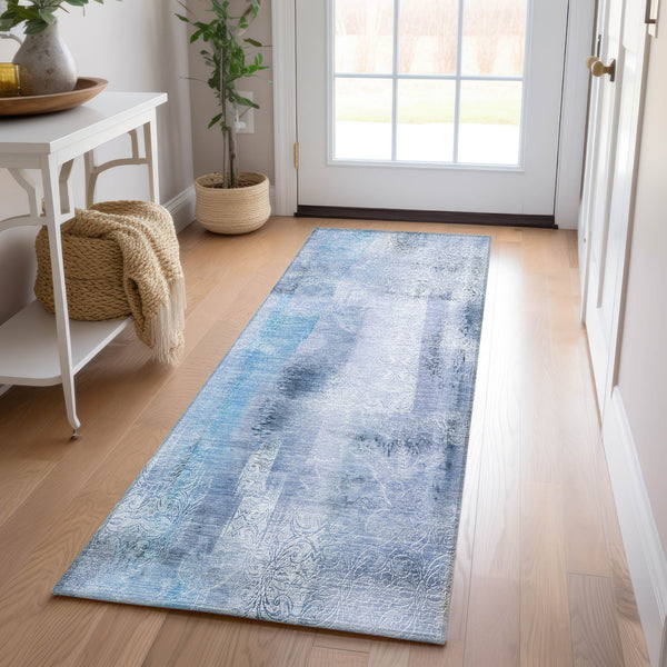 Homeroots 8' Runner Blue Washable Non Skid Indoor Outdoor Runner Rug Blue Polyester 561643