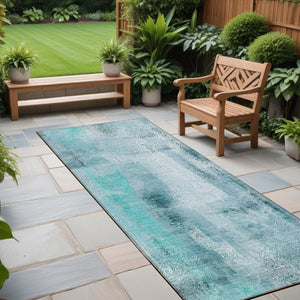 Homeroots 3' Washable Non-skid Indoor Outdoor Area Rug – Stylish Stain Resistant Design For Family Spaces Teal Polyester 561688
