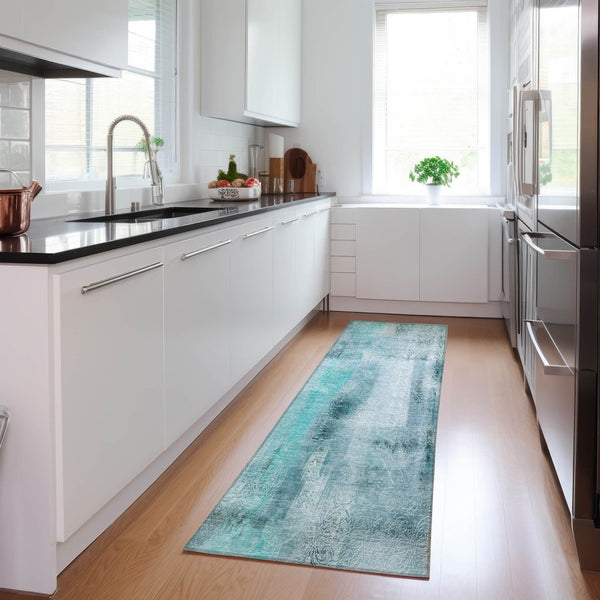 Homeroots 3' Washable Non-skid Indoor Outdoor Area Rug – Stylish Stain Resistant Design For Family Spaces Teal Polyester 561688