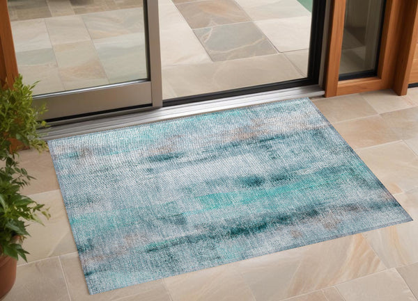 Homeroots 3' X 5' Teal Washable Non Skid Indoor Outdoor Area Rug Teal Polyester 561690