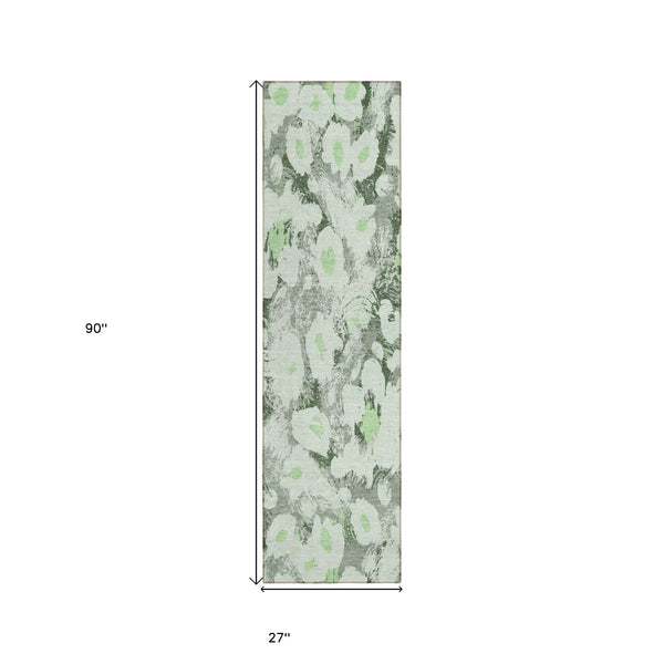 Homeroots 8' Runner Artichoke Green Floral Washable Non Skid Indoor Outdoor Runner Rug Aloe Polyester 561697