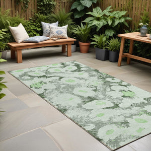 Homeroots 8' Runner Artichoke Green Floral Washable Non Skid Indoor Outdoor Runner Rug Aloe Polyester 561697