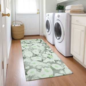 Homeroots 8' Runner Artichoke Green Floral Washable Non Skid Indoor Outdoor Runner Rug Aloe Polyester 561697