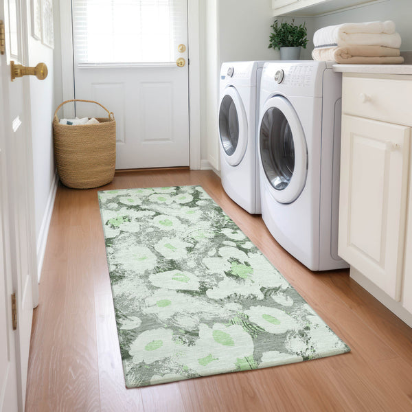 Homeroots 8' Runner Artichoke Green Floral Washable Non Skid Indoor Outdoor Runner Rug Aloe Polyester 561697