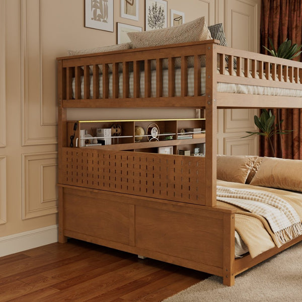 English Elm Full Xl Over Queen Bunk Bed Pinewood Frame with Led Lights Shelving Pegboard Brown LT000279AAP
