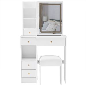 English Elm 29.2" Compact Left Drawer Vanity Table Set With Touch Control Led Mirror & Cushioned Stool For Small Spaces W3258P299611