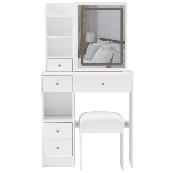 English Elm 29.2" Compact Left Drawer Vanity Table Set With Touch Control Led Mirror & Cushioned Stool For Small Spaces W3258P299611