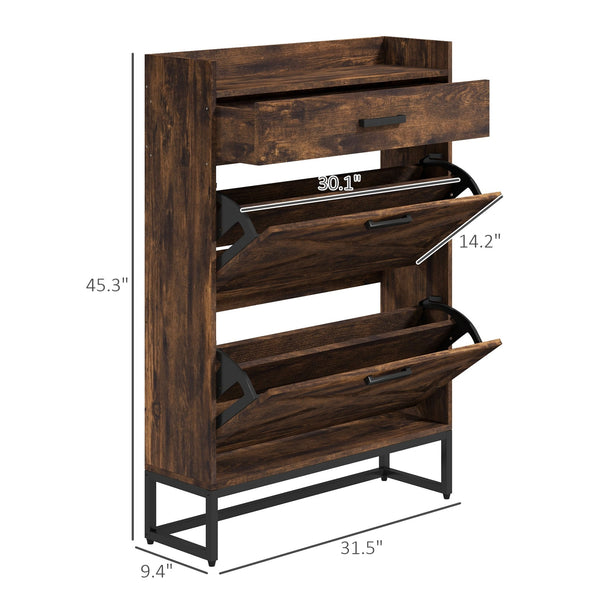 English Elm HOMCOM Rustic Brown Narrow Shoe Cabinet with 2 Flip Doors, Top Drawer & Adjustable Shelves — Slim entryway storage W2225P173977
