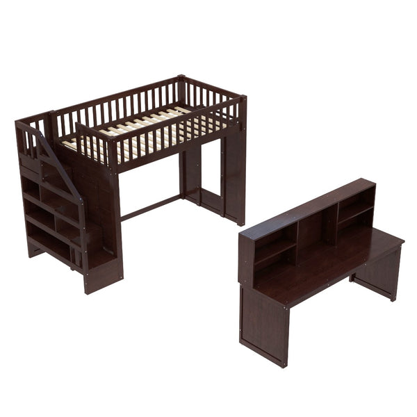 English Elm Twin Loft Bed with Movable Desk Open Shelving and Storage Stairs in Espresso W1580S00336