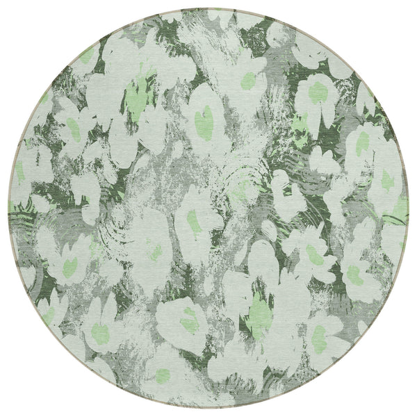 Homeroots 8' Round Artichoke Green Round Floral Washable Non Skid Indoor Outdoor Area Rug Aloe Polyester 561701