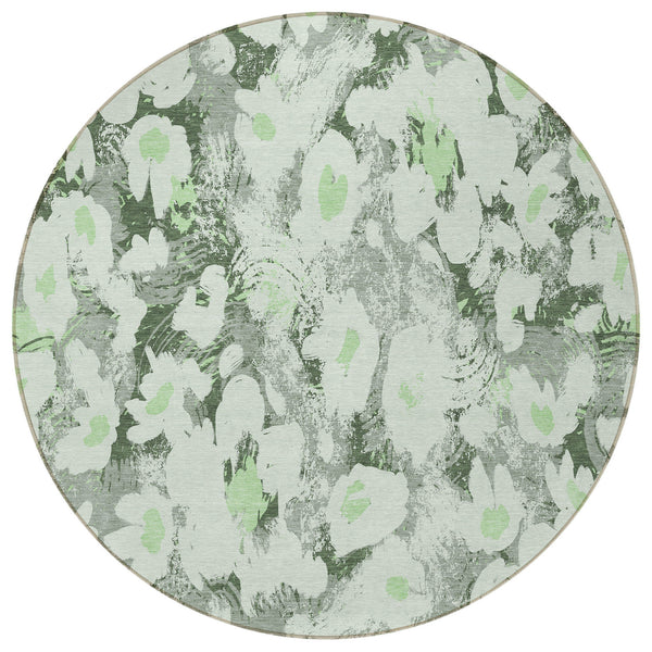 Homeroots 8' Round Artichoke Green Round Floral Washable Non Skid Indoor Outdoor Area Rug Aloe Polyester 561701