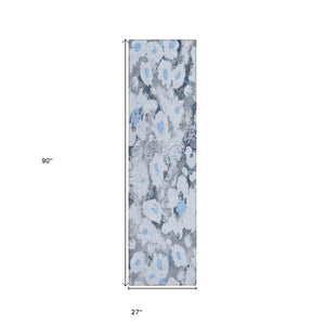Homeroots 8' Runner Denim Blue Floral Washable Non Skid Indoor Outdoor Runner Rug Denim Polyester 561706