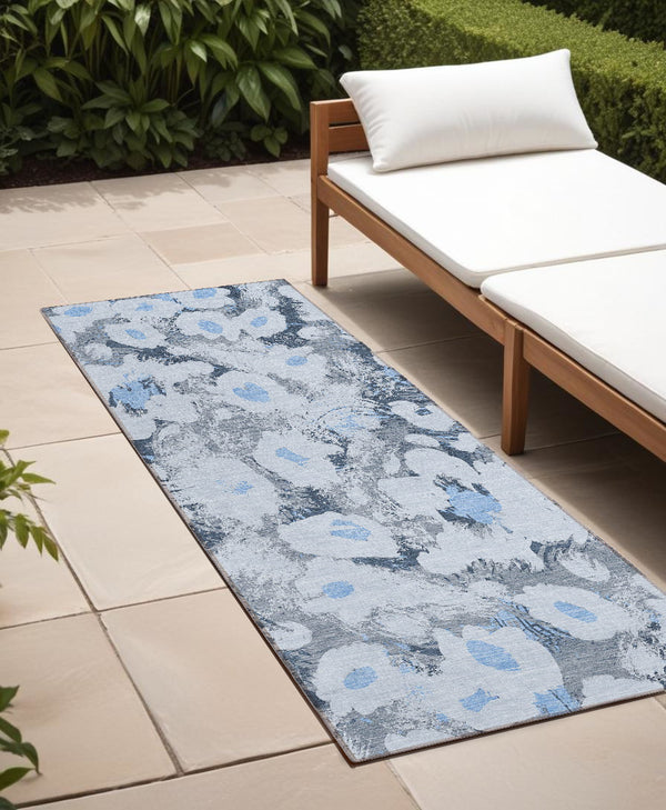 Homeroots 8' Runner Denim Blue Floral Washable Non Skid Indoor Outdoor Runner Rug Denim Polyester 561706