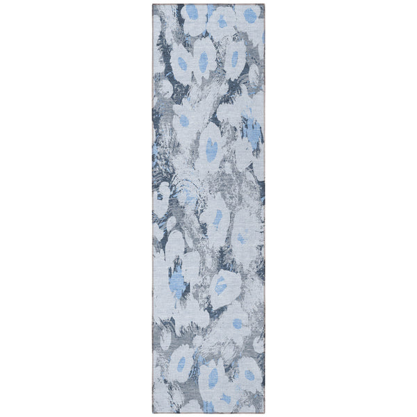 Homeroots 8' Runner Denim Blue Floral Washable Non Skid Indoor Outdoor Runner Rug Denim Polyester 561706