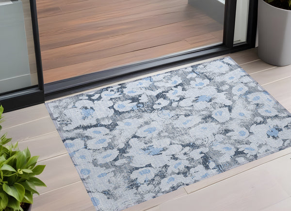Homeroots 3' X 5' Denim Blue Floral Washable Non Skid Indoor Outdoor Area Rug Denim Polyester 561708