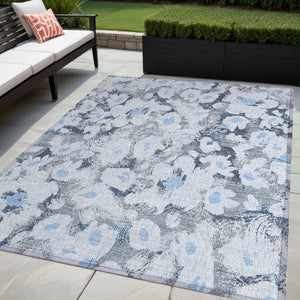 Homeroots 5' X 8' Denim Blue Floral Washable Non Skid Indoor Outdoor Area Rug Denim Polyester 561709