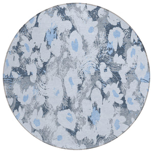 Homeroots 8' Round Denim Blue Round Floral Washable Non Skid Indoor Outdoor Area Rug Denim Polyester 561710