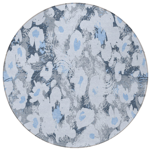 Homeroots 8' Round Denim Blue Round Floral Washable Non Skid Indoor Outdoor Area Rug Denim Polyester 561710