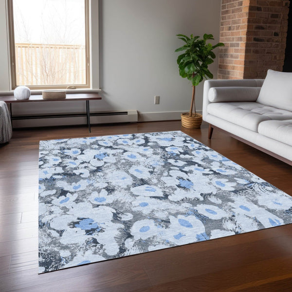 HomeRoots 5' X 8' Floral Washable Non-Skid Area Rug – Durable, Stylish Design for Indoor & Outdoor Spaces Denim 561711