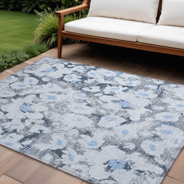 Homeroots 9' X 12' Denim Blue Floral Washable Non Skid Indoor Outdoor Area Rug Denim Polyester 561712