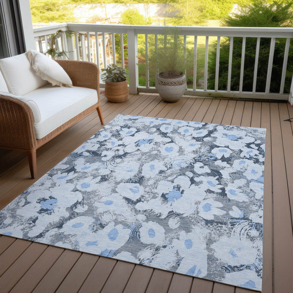 Homeroots 10' X 14' Denim Blue Floral Washable Non Skid Indoor Outdoor Area Rug Denim Polyester 561713