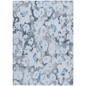 Homeroots 10' X 14' Denim Blue Floral Washable Non Skid Indoor Outdoor Area Rug Denim Polyester 561713