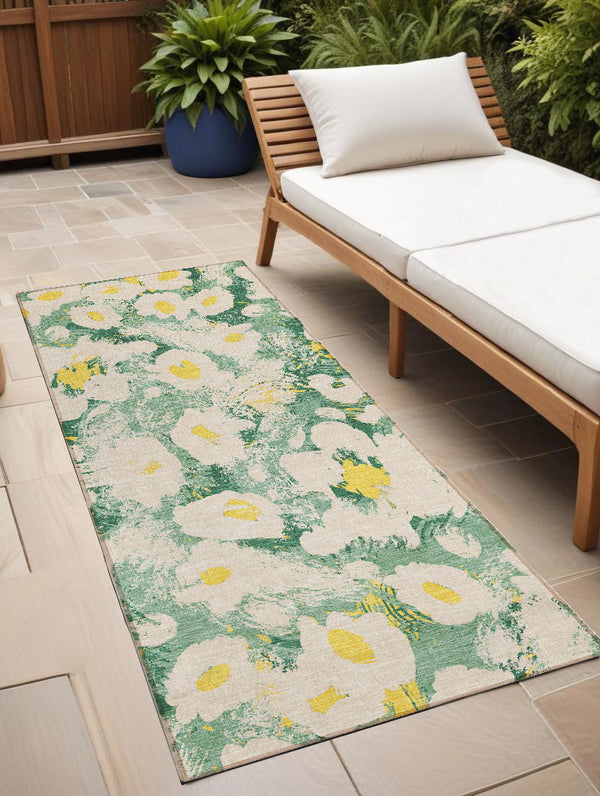 Homeroots 9' X 12' Floral Washable Stain Resistant Non-skid Indoor Outdoor Area Rug For Family-friendly Spaces Green Polyester 561715
