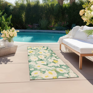 Homeroots 9' X 12' Floral Washable Stain Resistant Non-skid Indoor Outdoor Area Rug For Family-friendly Spaces Green Polyester 561715