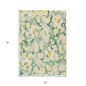 Homeroots 5' X 8' Green Floral Washable Non Skid Indoor Outdoor Area Rug Green Polyester 561718