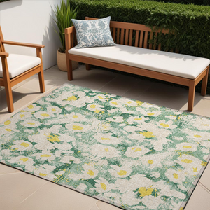 Homeroots 5' X 8' Green Floral Washable Non Skid Indoor Outdoor Area Rug Green Polyester 561718