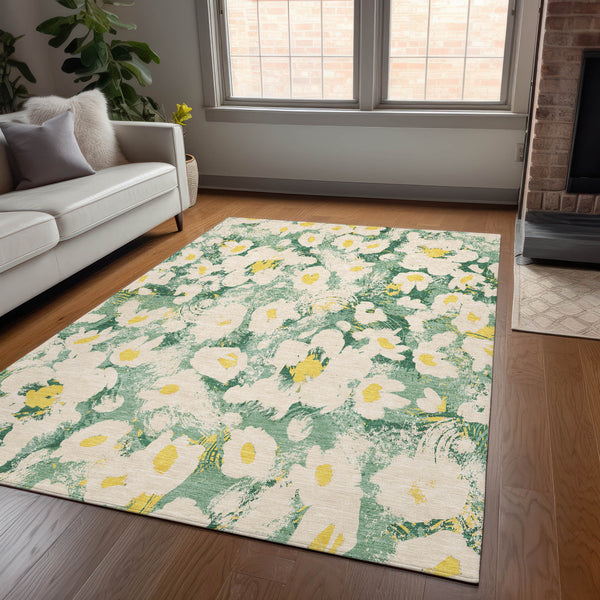 Homeroots 5' X 8' Green Floral Washable Non Skid Indoor Outdoor Area Rug Green Polyester 561718