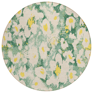 Homeroots 8' Round Green Round Floral Washable Non Skid Indoor Outdoor Area Rug Green Polyester 561719