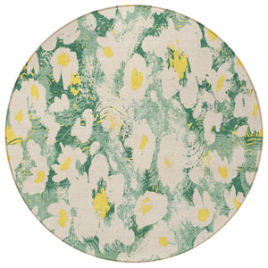 Homeroots 8' Round Green Round Floral Washable Non Skid Indoor Outdoor Area Rug Green Polyester 561719
