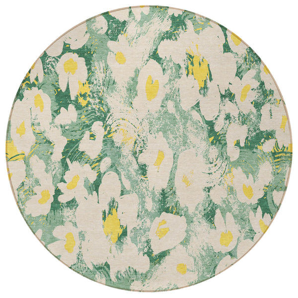 Homeroots 8' Round Green Round Floral Washable Non Skid Indoor Outdoor Area Rug Green Polyester 561719