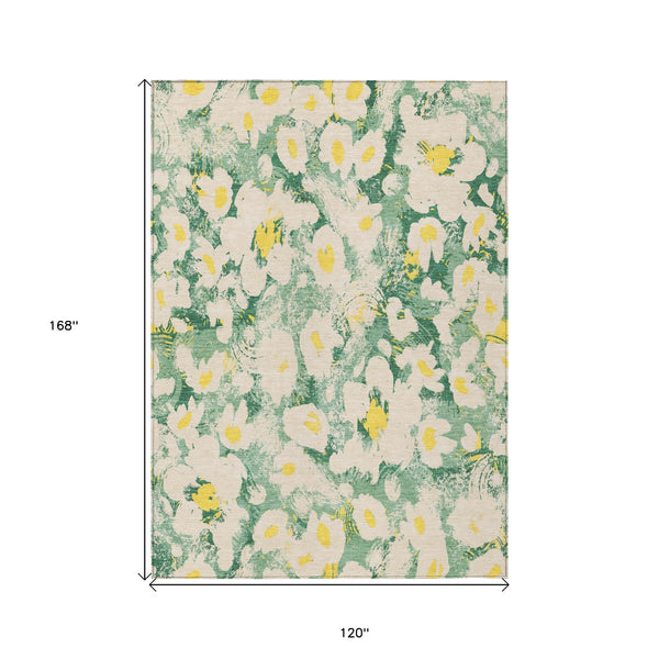 Homeroots 10' X 14' Green Floral Washable Non Skid Indoor Outdoor Area Rug Green Polyester 561722