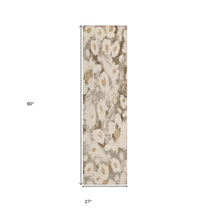 Homeroots 8' Runner Khaki Floral Washable Non Skid Indoor Outdoor Runner Rug Khaki Polyester 561724